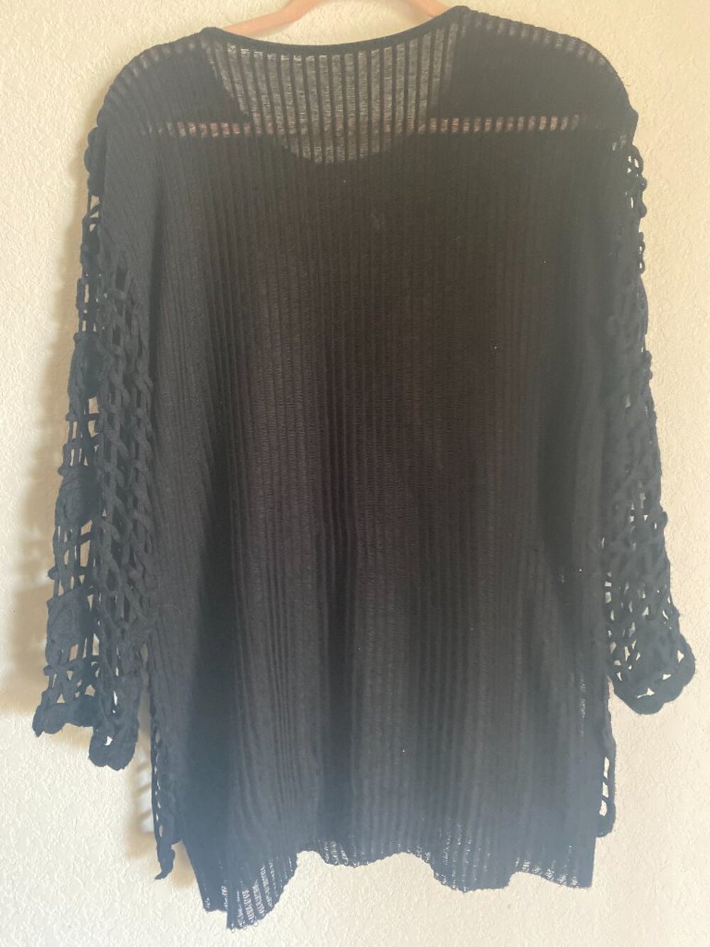 Vintage Black Crochet Open Work Tunic Sweater Rosette Macrame Sleeve Lagenlook - Picture 7 of 12